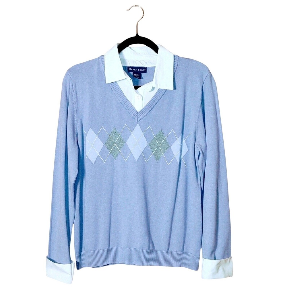 Y2K Cotton Argyle Sweater Blue‎ Gray French Cuff & Collar Layered Style - Large